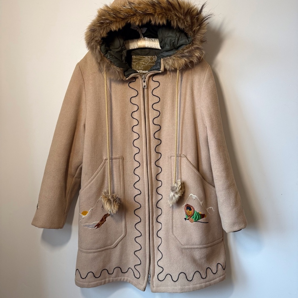 Vintage Northern Sun wool Parka fur trim hood embriodery quilted lining Canada.